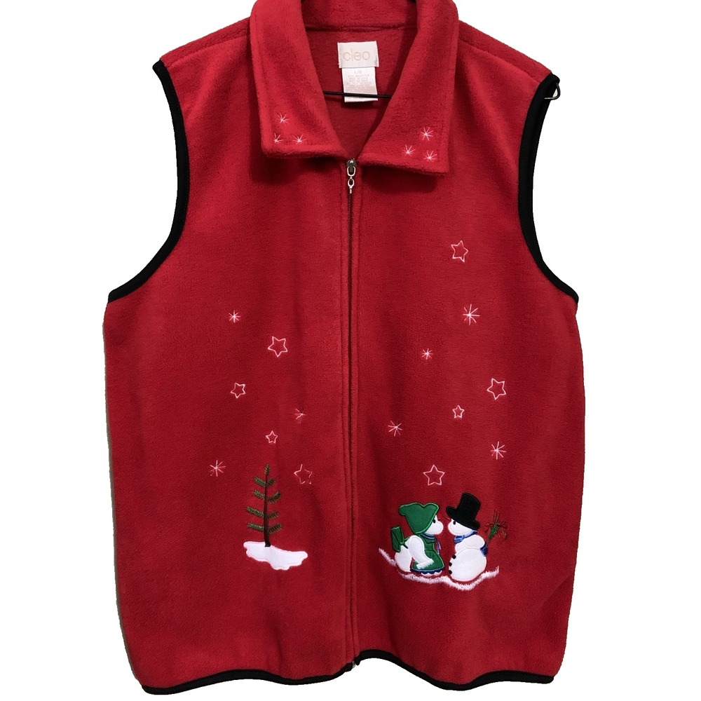 Cleo Holiday Fleece Vest Women's L Red Winter Christmas Festive Holidays Snowmen